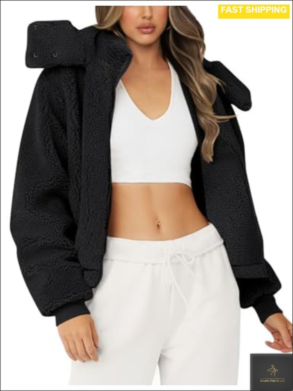 Womens Faux Fur Hooded Coat Full Zip Sherpa Fleece Jacket Warm Outerwear